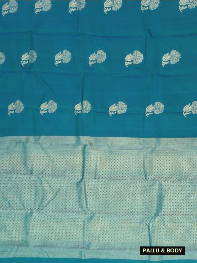 Gracecharm Art Soft Silk Teal Blue Floral Tree Zari Saree