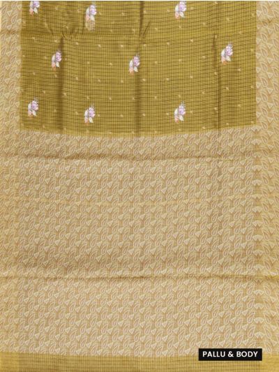 Gracecharm Elegant Manipuri Cotton Olive Green Floral Butta Saree
