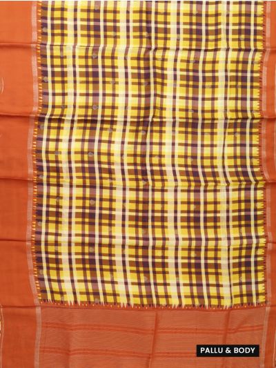 Fancy Viscose Tissue Yellow Maroon Checks Orange Temple Border Saree