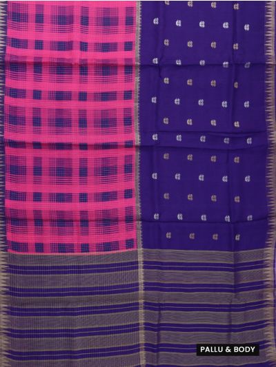 Fancy Viscose Tissue Rani Pink Purple Checks Temple Border Zari Saree