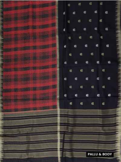 Fancy Viscose Tissue Black Red Checks Gold Zari Temple Border Saree