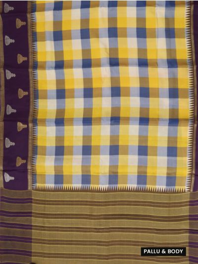 Fancy Viscose Tissue Yellow Blue Checks Purple Jhumka Border Saree