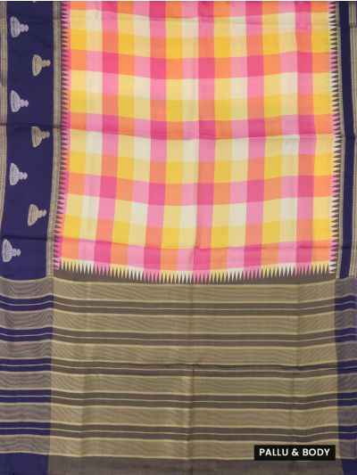Fancy Viscose Tissue Yellow Pink Checks Navy Jhumka Border Saree