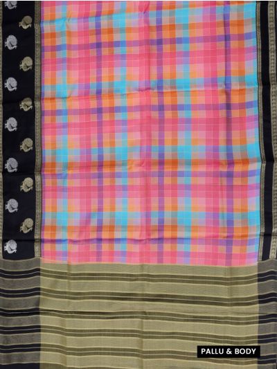 Fancy Viscose Tissue Multicolour Checks Black Peacock Border Saree