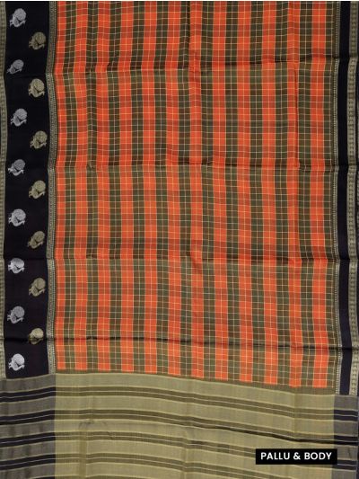 Fancy Viscose Tissue Rust Orange Checks Black Peacock Border Saree