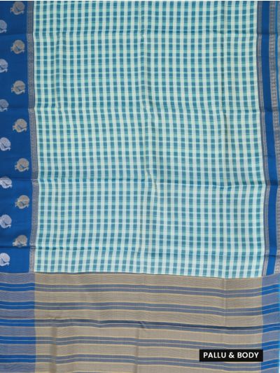 Fancy Viscose Tissue Aqua Blue Checks Royal Blue Peacock Border Saree