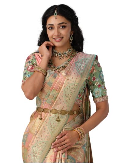 Vivaha Kanchipuram Tissue Silk Geometric Octagon Jaal Floral Border Saree