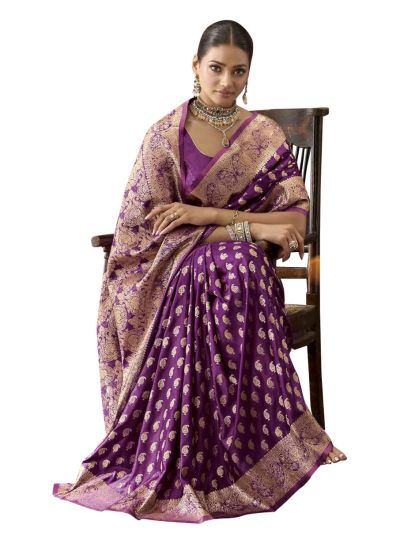 Gracecharm Satin Mashru Silk Paisley Butta with Zari Border Saree
