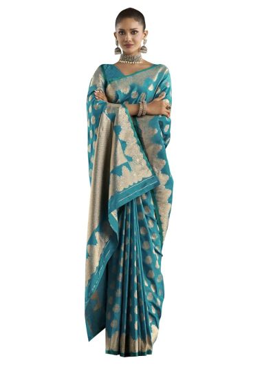 Gracecharm Satin Mashru Silk Floral Butta with Scalloped Zari Border Saree