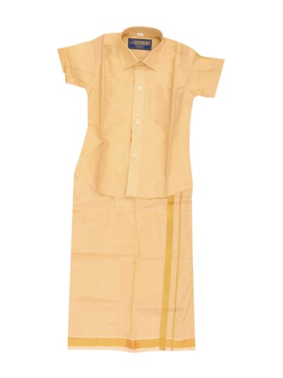 Gracecharm Boys Art Silk Half Sleeve Plain Shirt with Golden Zari Border Dhoti Set