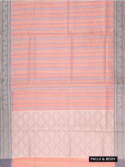 Banarasi Katan Silk Peach Pink Striped Floral Lattice Pallu Saree