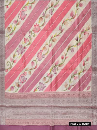 Banarasi Katan Silk Diagonal Floral Vine Striped Saree