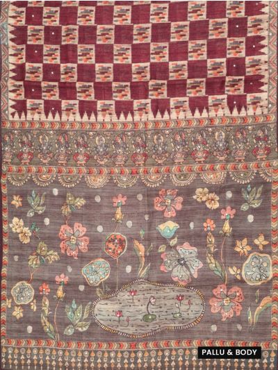 GraceCharm Semi Jute Geometric Checks with Floral Lotus Pallu Saree