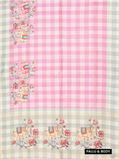 GraceCharm Semi Jute Checked Body Elephant Floral Pallu Border Saree