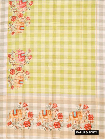 GraceCharm Semi Jute Checked Body Elephant Floral Pallu Border Saree