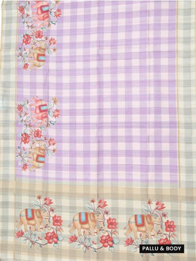 GraceCharm Semi Jute Checked with Elephant Floral Pallu Saree
