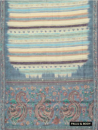 GraceCharm Semi Jute Multicolour Stripes with Ornamental Bird Motif Pallu Saree