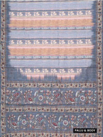GraceCharm Semi Jute Floral Leaf Buta Stripes with Ornamental Bird Pallu Saree
