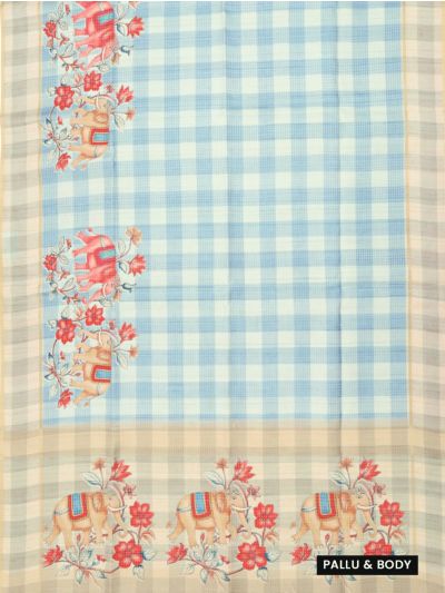 GraceCharm Semi Jute Checked Body with Elephant Floral Motif Pallu Saree