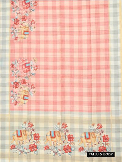 GraceCharm Semi Jute Checked with Elephant Floral Motif Pallu Saree