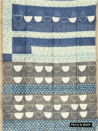 GraceCharm Semi Jute Geometric Half Circle with Abstract Striped Pallu Saree