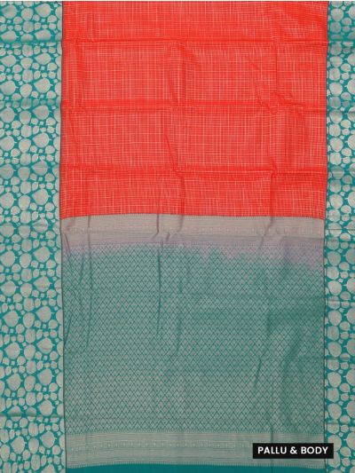 GraceCharm Art Silk Coral Red Checked with Floral Brocade Pallu Saree