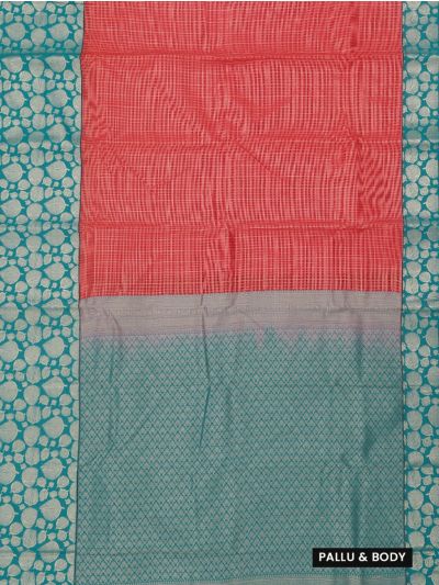 GraceCharm Art Silk Coral Red Fine Checks with Teal Leaf Border Saree