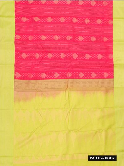 GraceCharm Art Silk Rani Pink Zari Striped Butta with Lime Green Pallu Saree