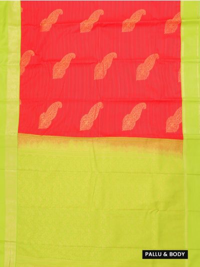 GraceCharm Art Silk Coral Red Paisley Zari Butta Lime Green Border Saree