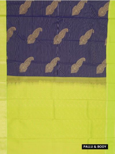 GraceCharm Art Silk Navy Blue Zari Stripes Paisley Butta with Floral Jaal Pallu Saree