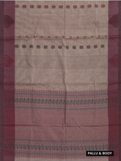 GraceCharm Cotton Taupe Brown Floral Butta with Geometric Pallu Saree