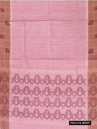GraceCharm Cotton Blush Pink Striped with Lovebirds Pallu Saree