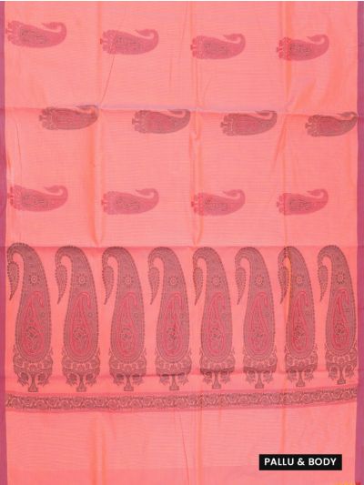 GraceCharm Cotton Coral Pink Paisley Butta with Traditional Paisley Pallu Saree