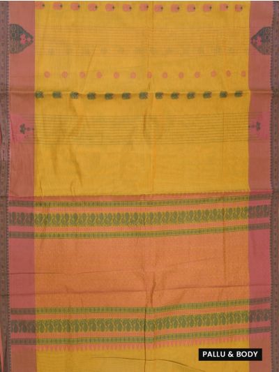 GraceCharm Cotton Mustard Yellow Striped Butta with Geometric Pallu Saree