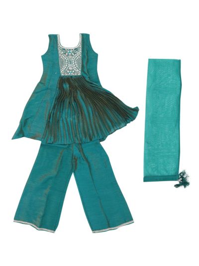 Gracecharm Girls Embroidered Yoke Pleated High-Low Top and Palazzo Pant Set