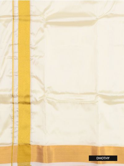 Men’s Traditional Art Silk Broad Golden Off White  Kasavu Border Dhoti 