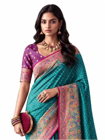 Gracecharm Katan Silk Butta with Peacock Floral Pallu Saree