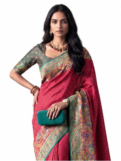 Gracecharm Katan Silk Butta with Contrast Floral Border Saree