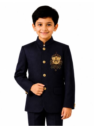 Royal Elegance Boys Black Elephant Crest Embroidered Bandhgala Suit Set