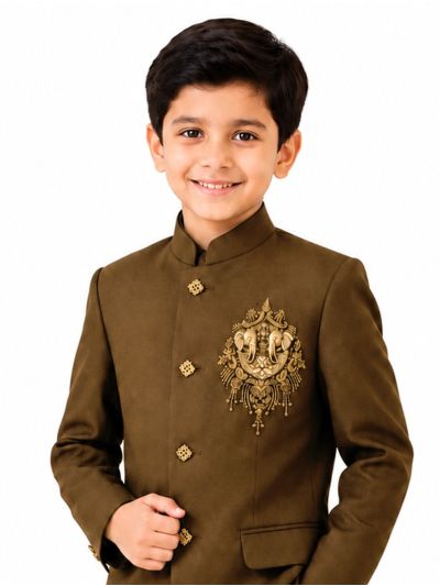 Royal Elegance Boys Olive Brown Elephant Crest Embroidered Bandhgala Suit Set