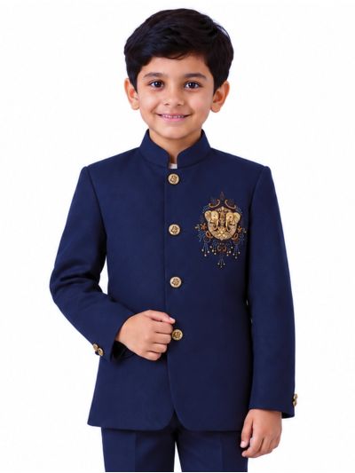 Royal Elegance Boys Royal Navy Blue Elephant Crest Embroidered Bandhgala Suit Set