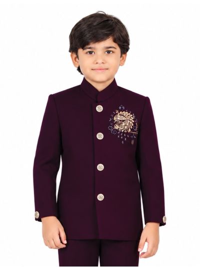 Royal Elegance Boys Deep Wine Purple Peacock Crest Embroidered Bandhgala Suit Set