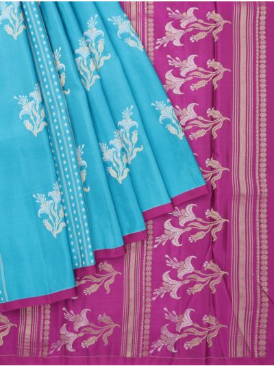 Kanmanie Soft Silk Floral Butta with Geometric Stripes and 1 Inch Satin Border Saree