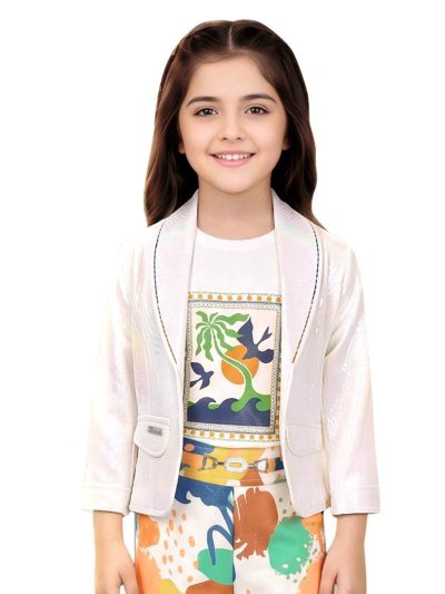 Graceful Essence Girls Abstract Tropical Blazer with Wide-Leg Pant Set