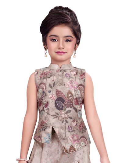 Graceful Essence Girls Floral Embellished Vest with Wide-Leg Pant Set