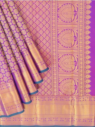 Vivaha Kanchipuram Pure Silk Geometric Floral Check with Zari Border Saree