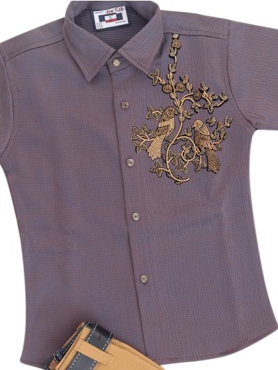 Gracecharm Boys Gold Bird Floral Embellished Shirt and Trouser 2 Piece Set