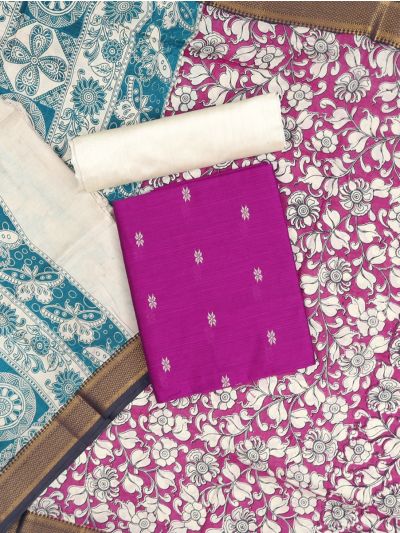 Graceful Essence Geometric Butta with Magenta Raw Silk Floral  Dupatta Dress Material