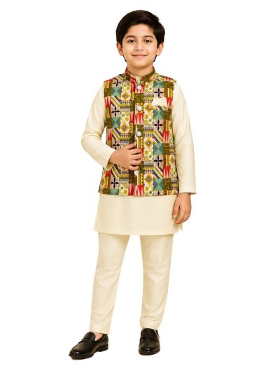 EliteCharm Boys Premium Ivory Geometric Print Nehru Readymade Sherwani Set