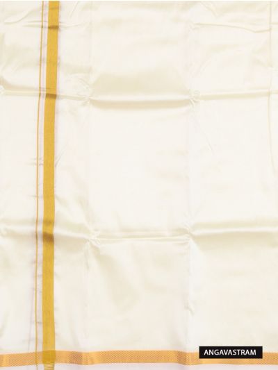 Men’s Traditional Off White Art Silk  Broad Golden Kasavu Border Dhoti